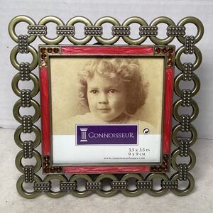 Connoisseur Ornate Link Design Red Gem Accents 3.5x3.5 Photo Frame Tabletop